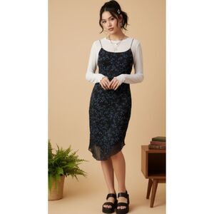 Byer Too Vintage Floral Blue Black Asymmetrical Slip Dress Size‎ Medium